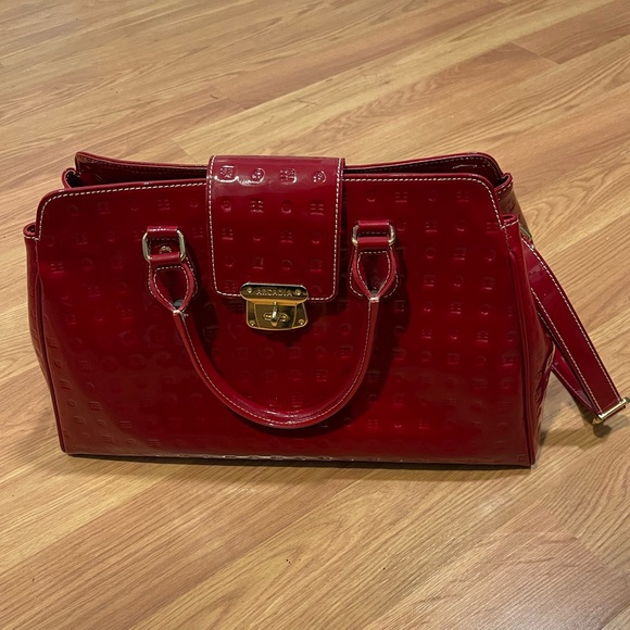 Arcadia Red Logo Embossed Patent Leather Teresa Large Top Handle Bag - Picture 7 of 12